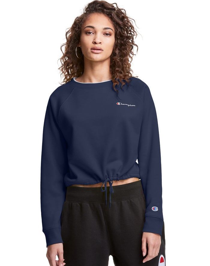 Champion Dame Sweatshirt Mørkeblå - Campus Fleece Cropped Crew Embroidered Script Logo - Danmark WUB